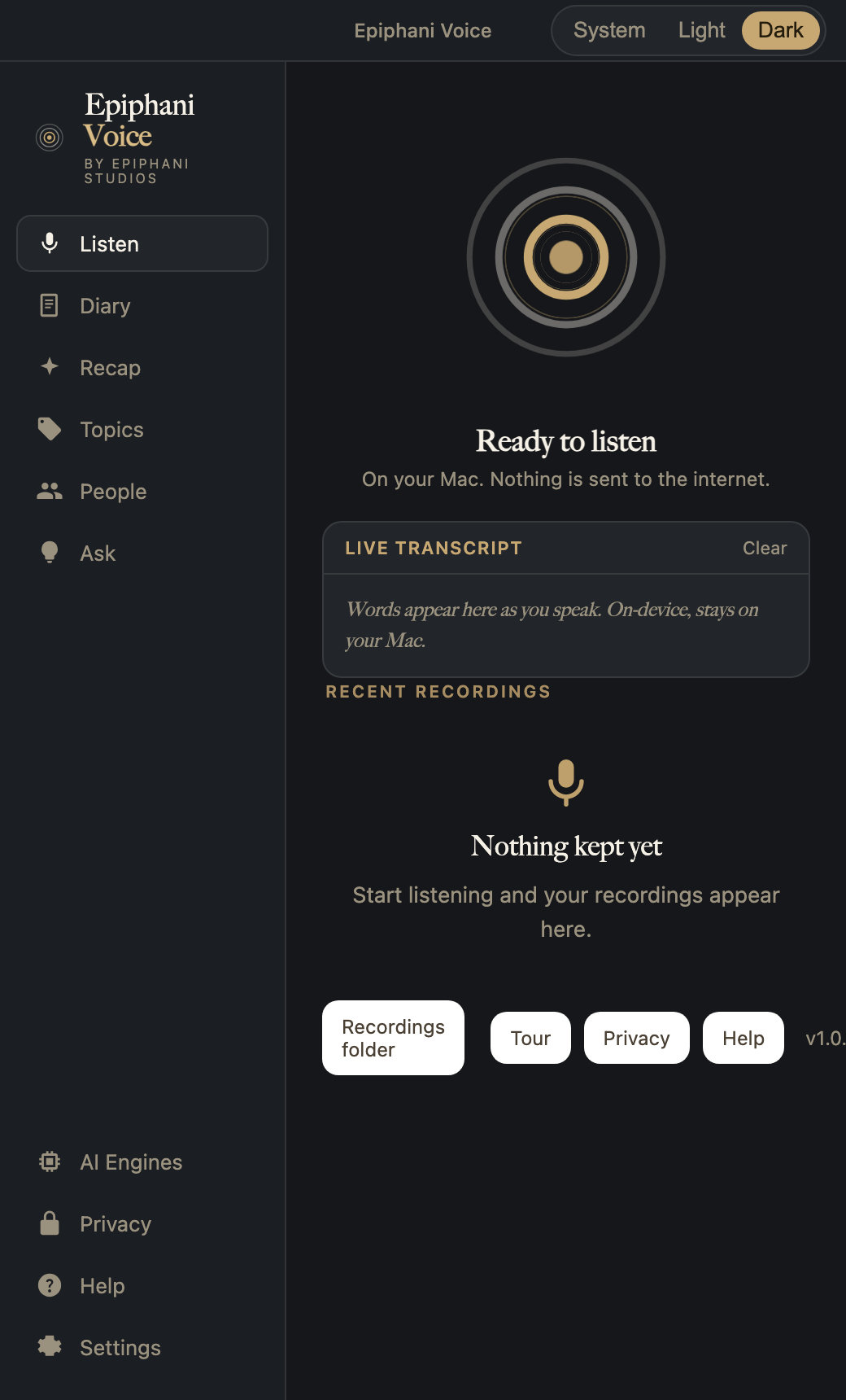 RecapMuse's Listen screen, ready to record, with a live on-device transcript panel