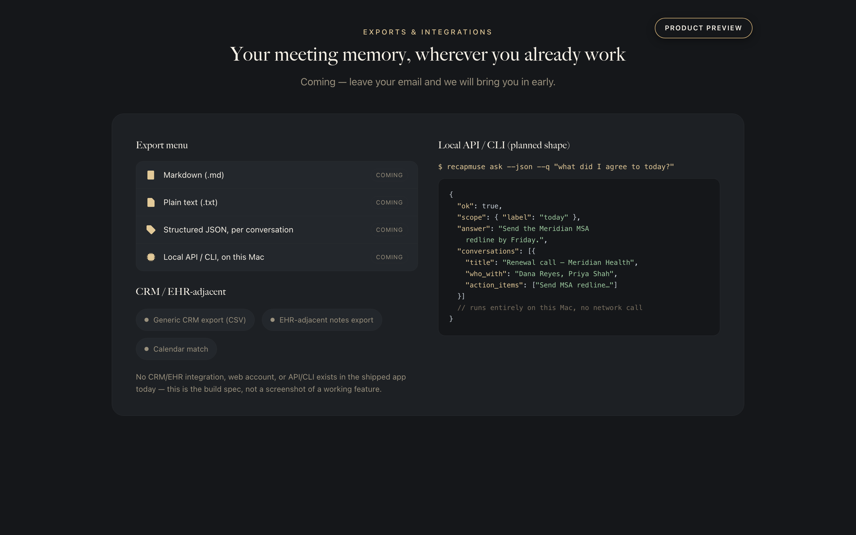 Preview of a planned export menu (Markdown, plain text, structured JSON, local API/CLI), a CRM/EHR-adjacent row, and a local API JSON response returning a Diary answer
